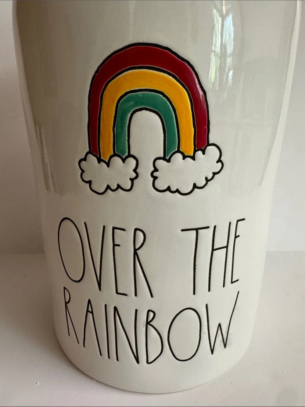 Rae Dunn Cream Double Handle Milk Jug / Vase with Colorful Rainbow